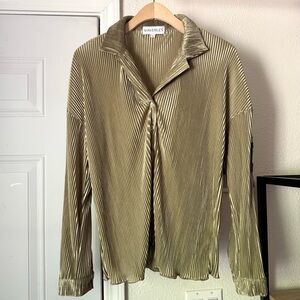 WAVERLES olive sage satin pleated plisse button up long sleeve shirt